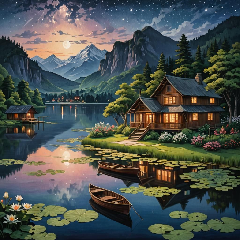 Serene Lakeside Evening Scene with Wooden Houses