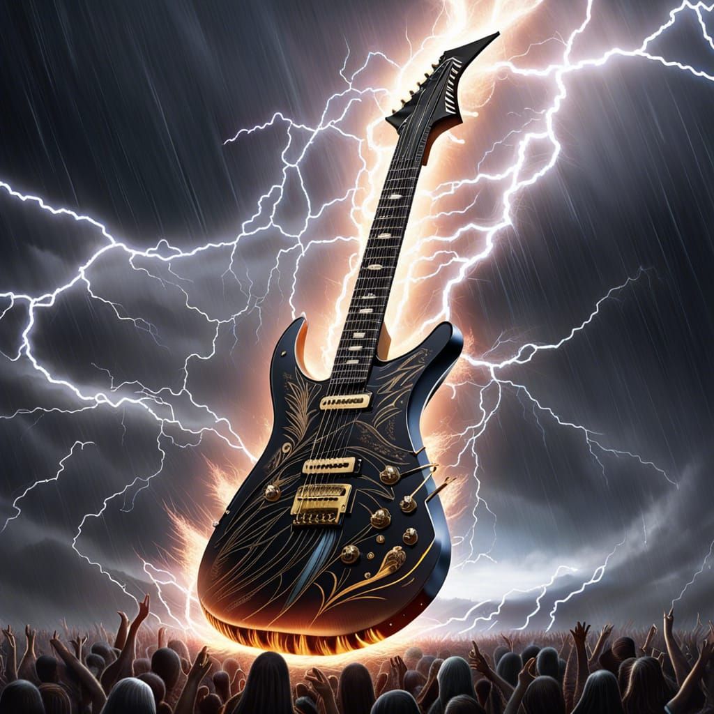 Colossal Heavy Metal Guitar Soaring Through Storm