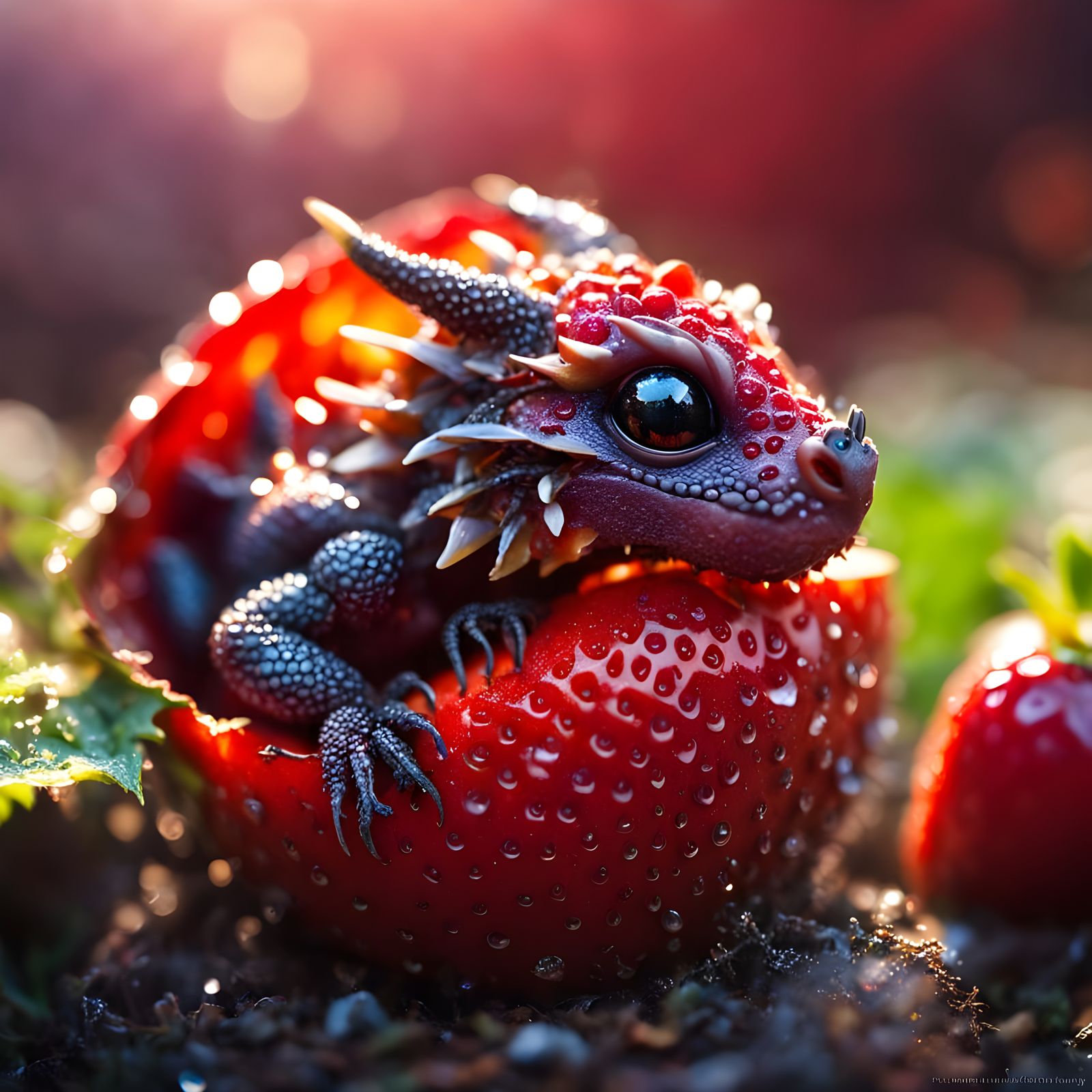 Dragon Hatchling Sleeps in Strawberry: Macro Photograph