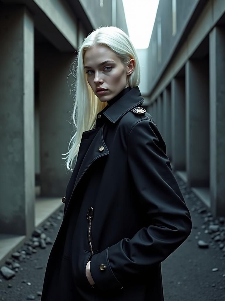 Dystopian Model in Brutalist Landscape, Rick Owens Aesthetic