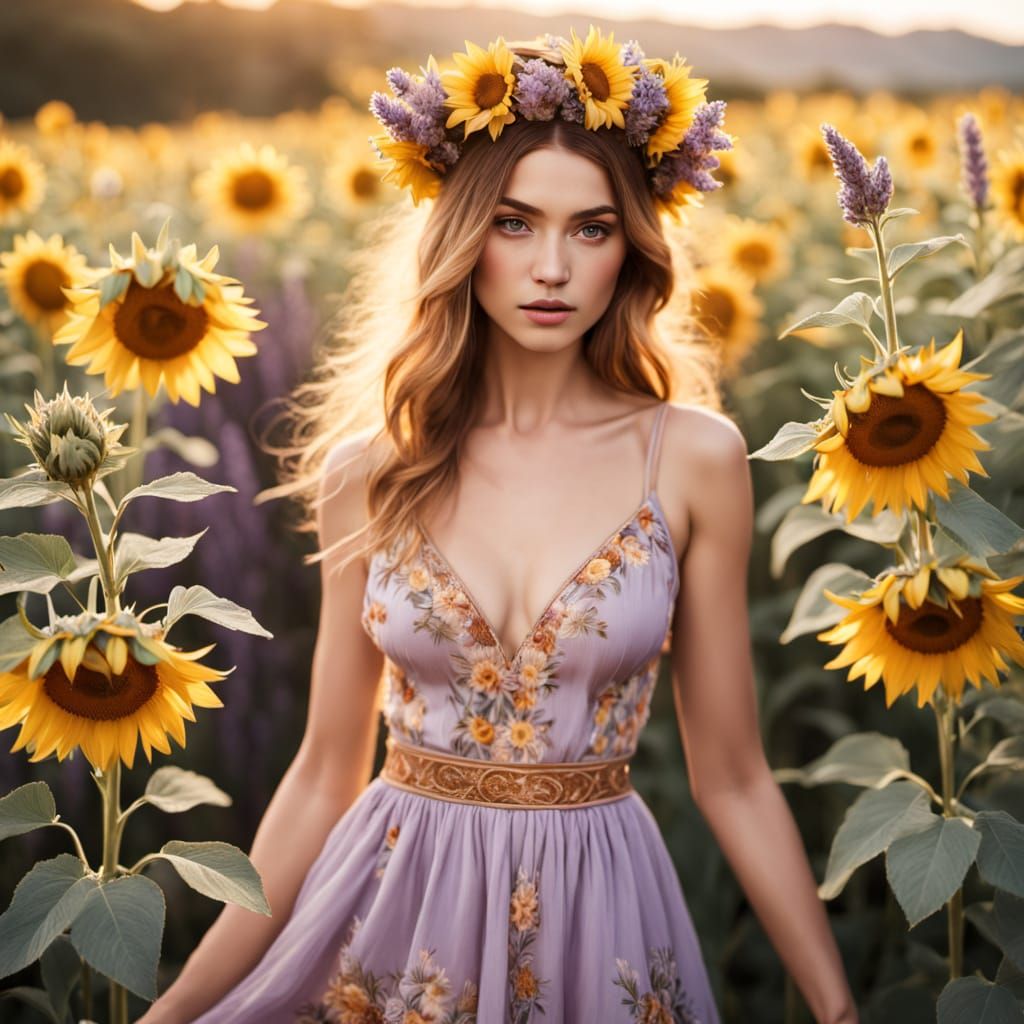 Bohemian Woman in Sunflowers and Lavender