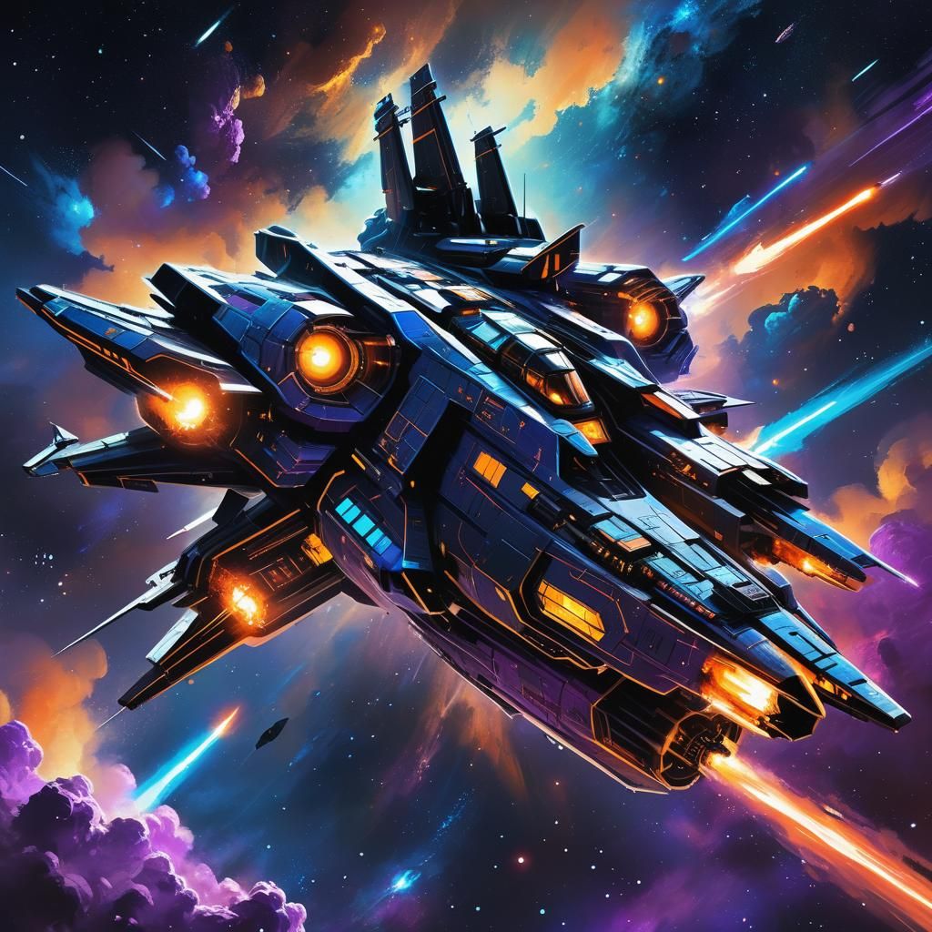 Futuristic Starfield Battleship in Manga Style