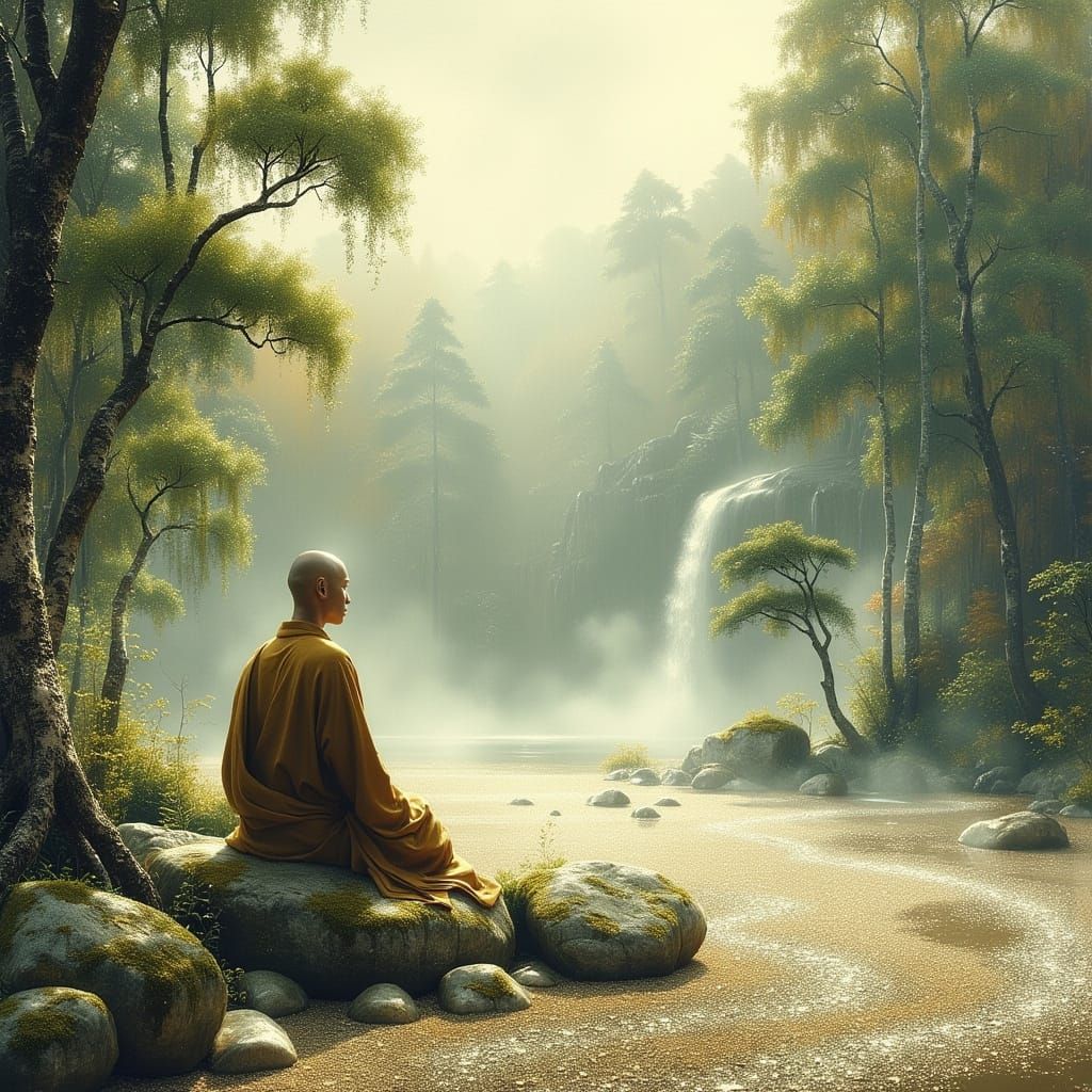 Serene Zen Garden Meditation Scene in Minimalist Style