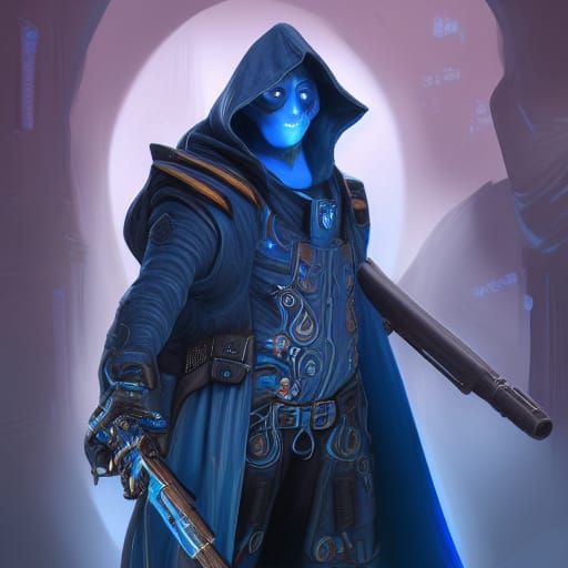 Blue Plasmoid Gunslinger in Detailed Fantasy Art