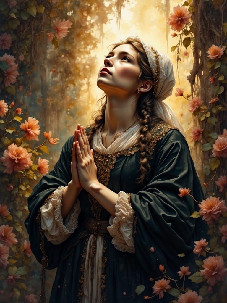 Baroque Portrait of Praying Woman in Watercolor Style