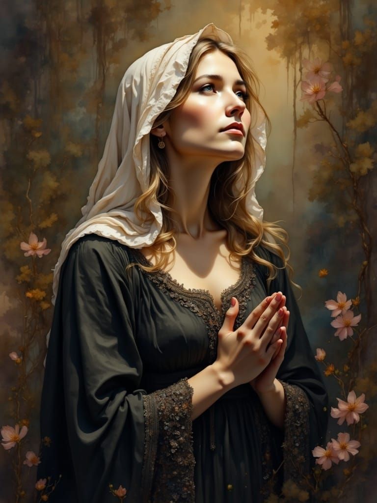 Baroque Portrait of Praying Woman in Watercolor Style