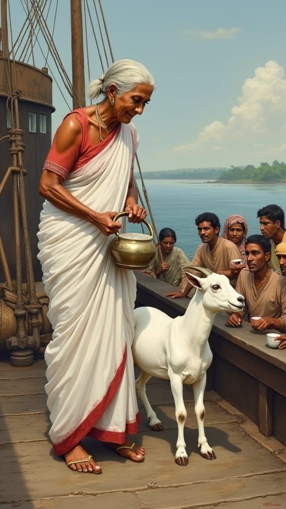 Bengali Grandmother and Goat on Ship Deck