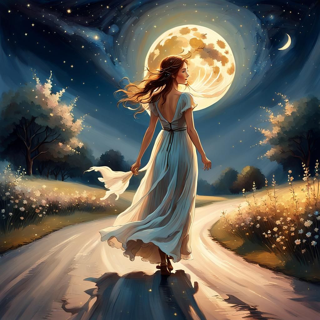 Romantic Woman Walks to the Moonlit Sky
