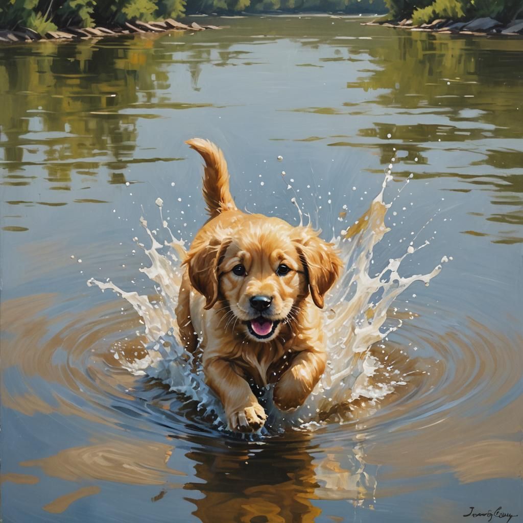 Golden Retriever Puppy in Lake: Oil Painting