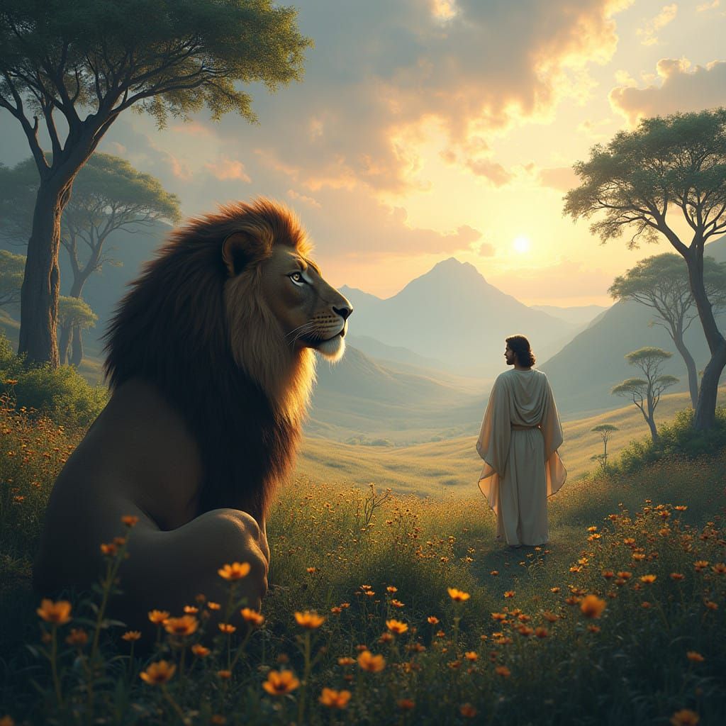 Majestic Jesus as Lion of Judah in Dreamlike Savannah