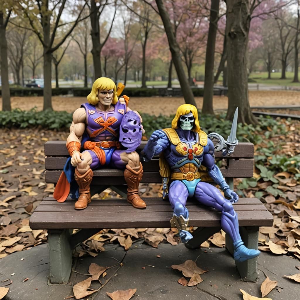 He-Man and Skeletor Relax on Park Bench