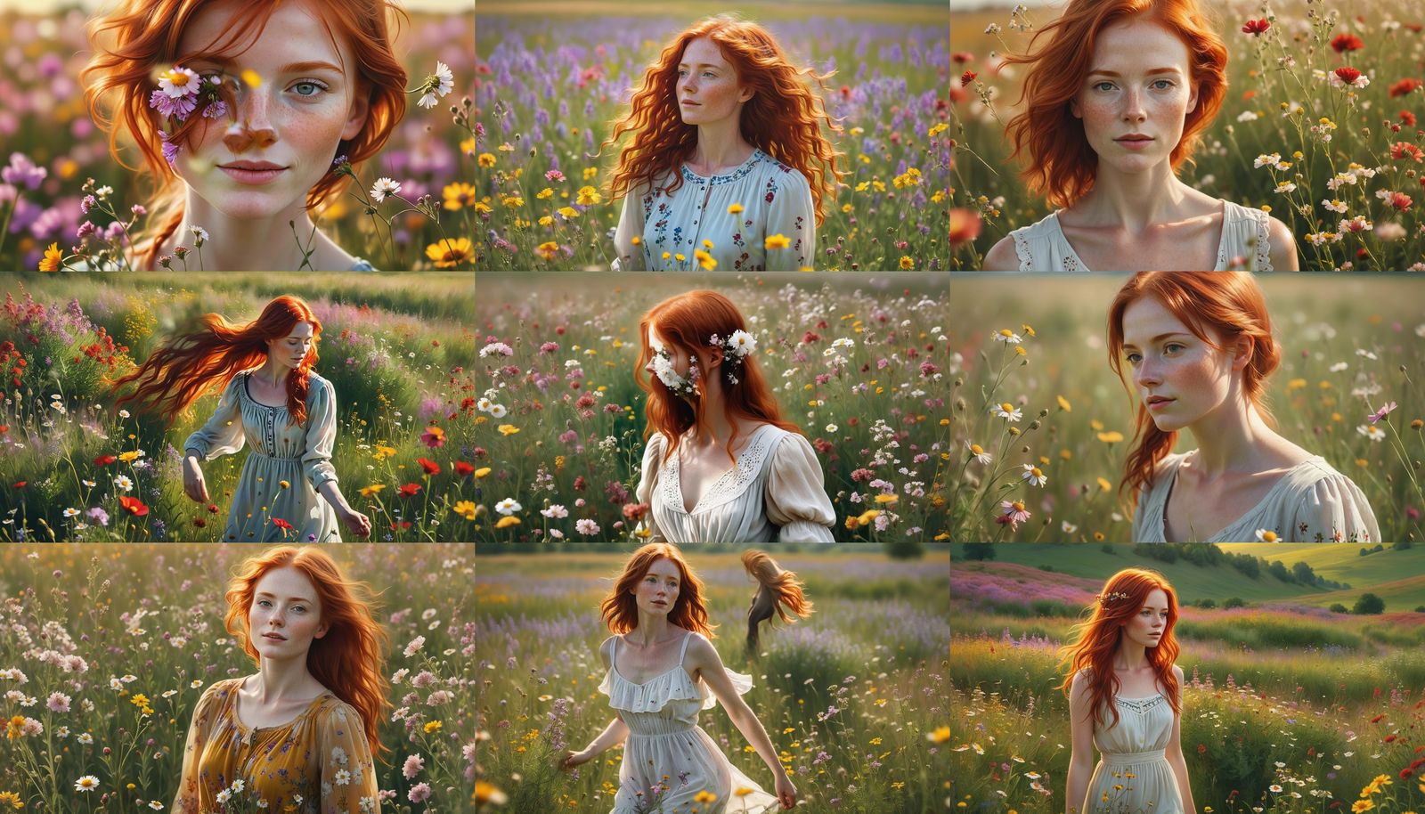 Redhead in Wildflower Field, Hyperrealistic Detailed Art