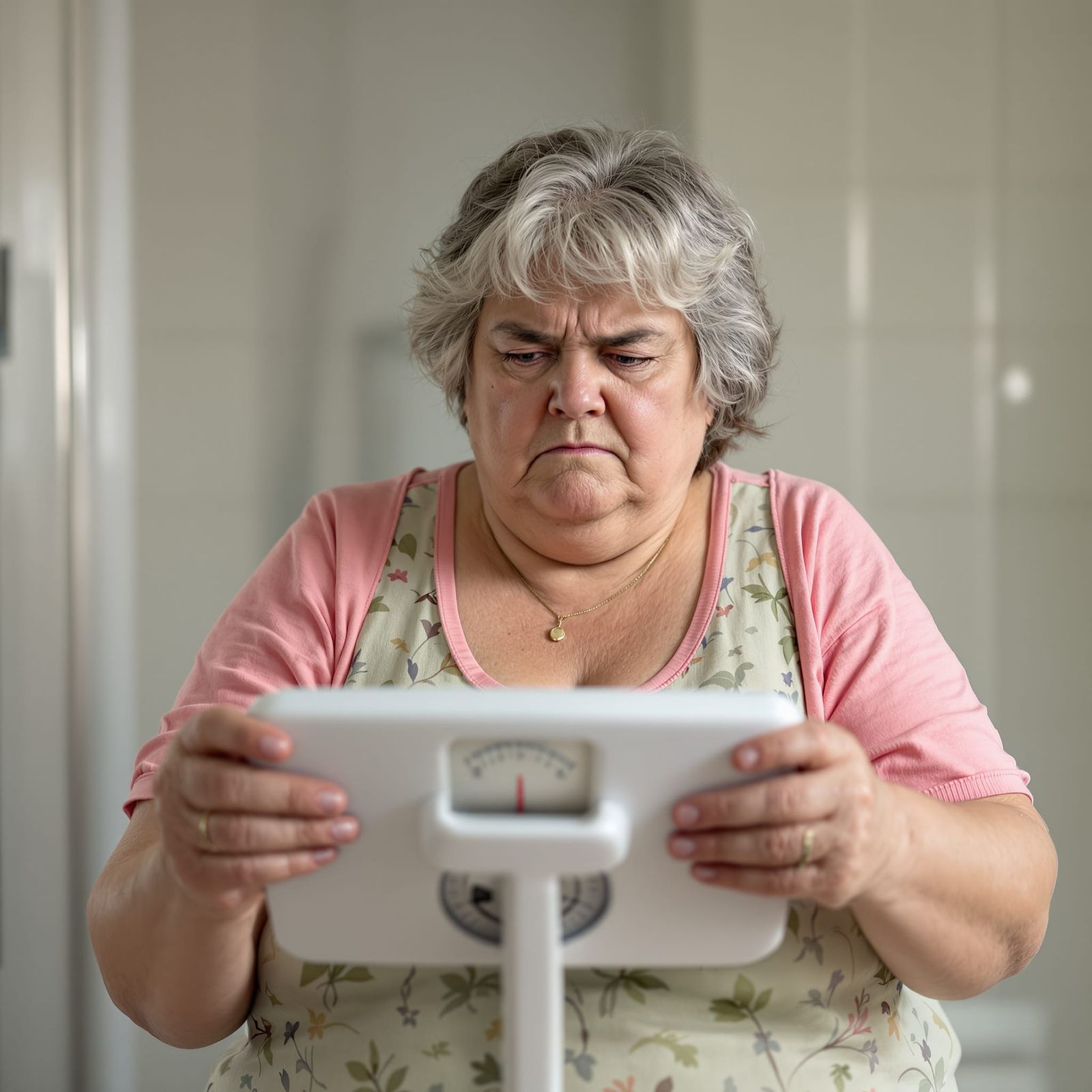 Overweight Woman Frowns at Bathroom Scales