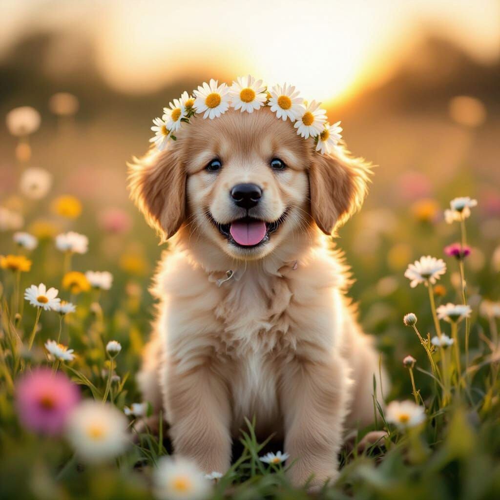 Golden Retriever Puppy in Daisy Crown, Pastel Art