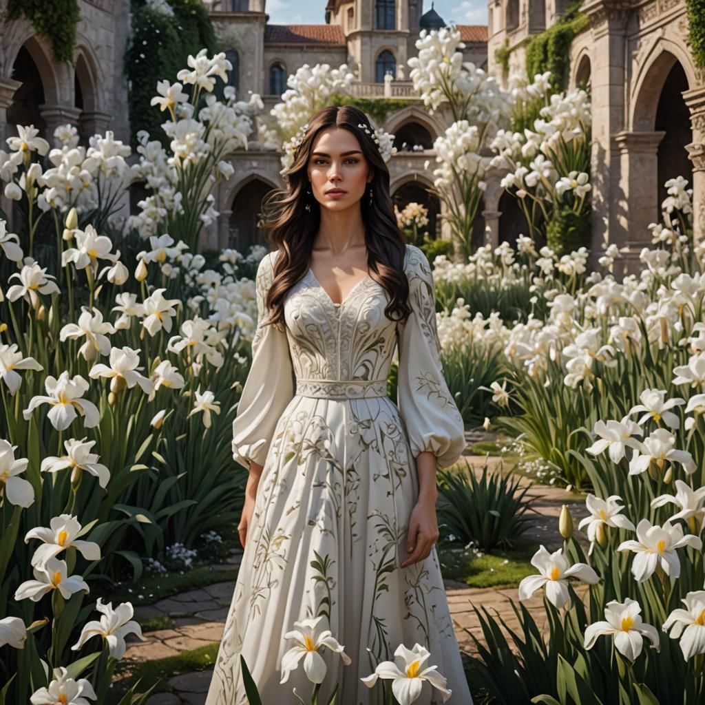 Brunette Girl in White Iris Palace Garden