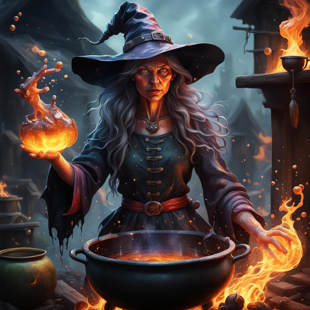 Realistic witch infused with a cauldron bubbling flowing on ...