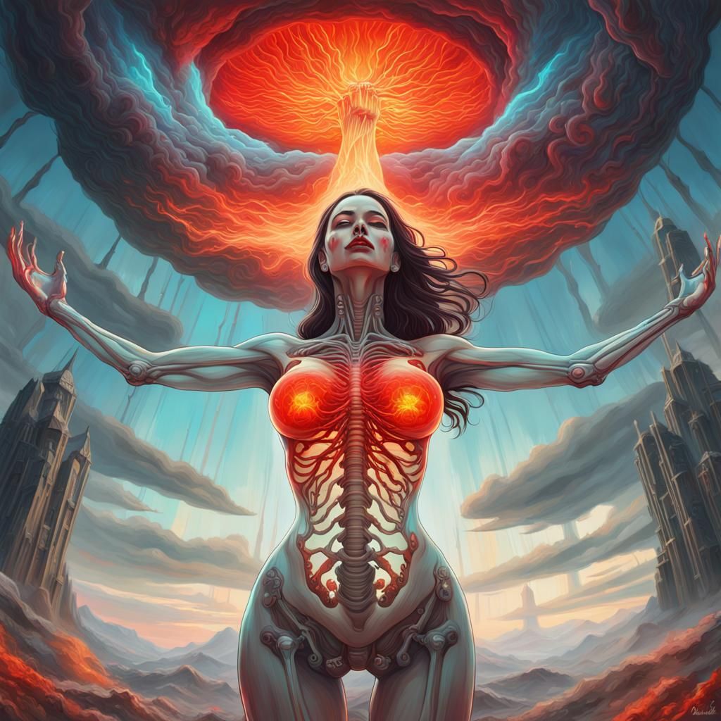 Ethereal Woman and Nuclear Cloud in Hyperrealism