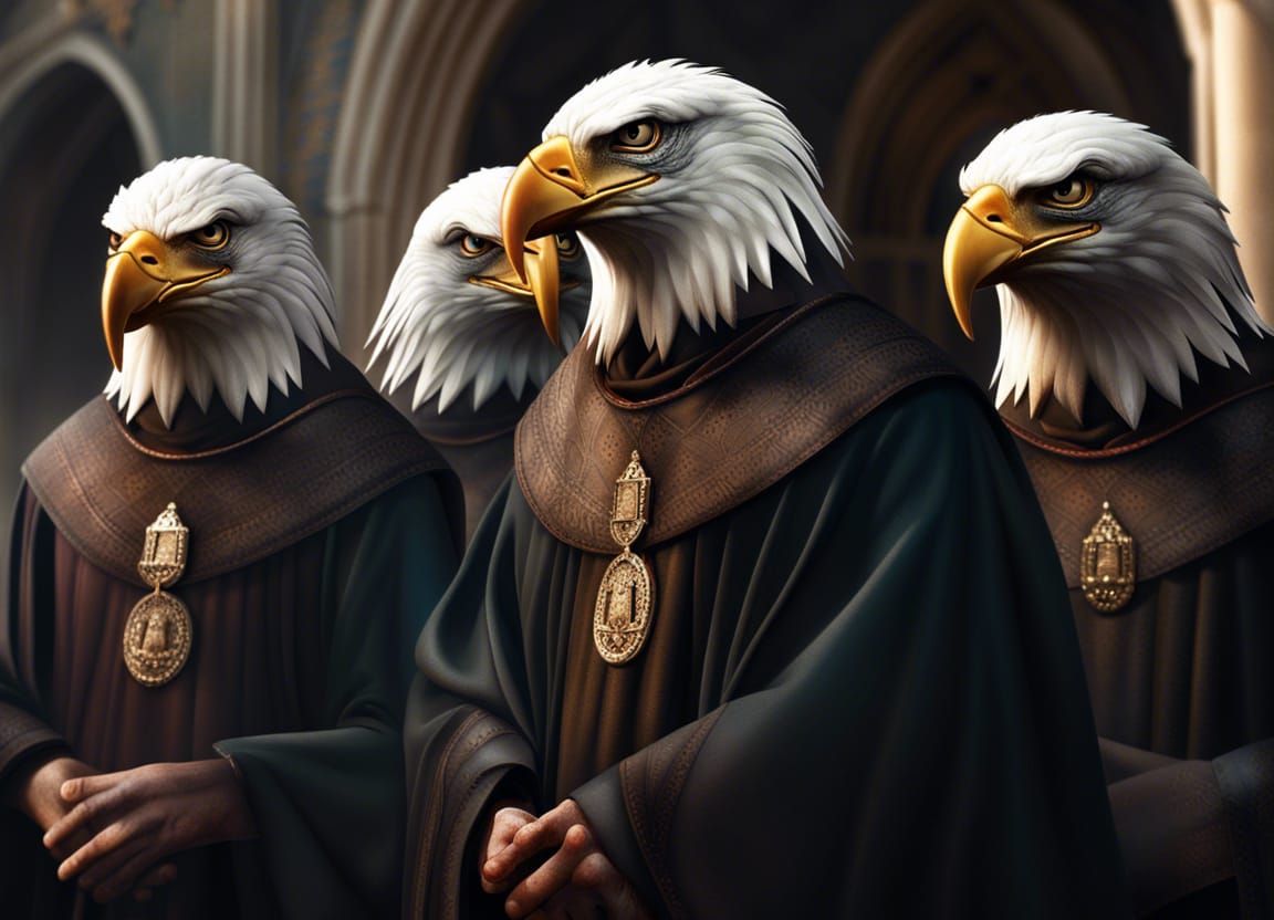 Eagles as Monks in Hyperrealistic Digital Art