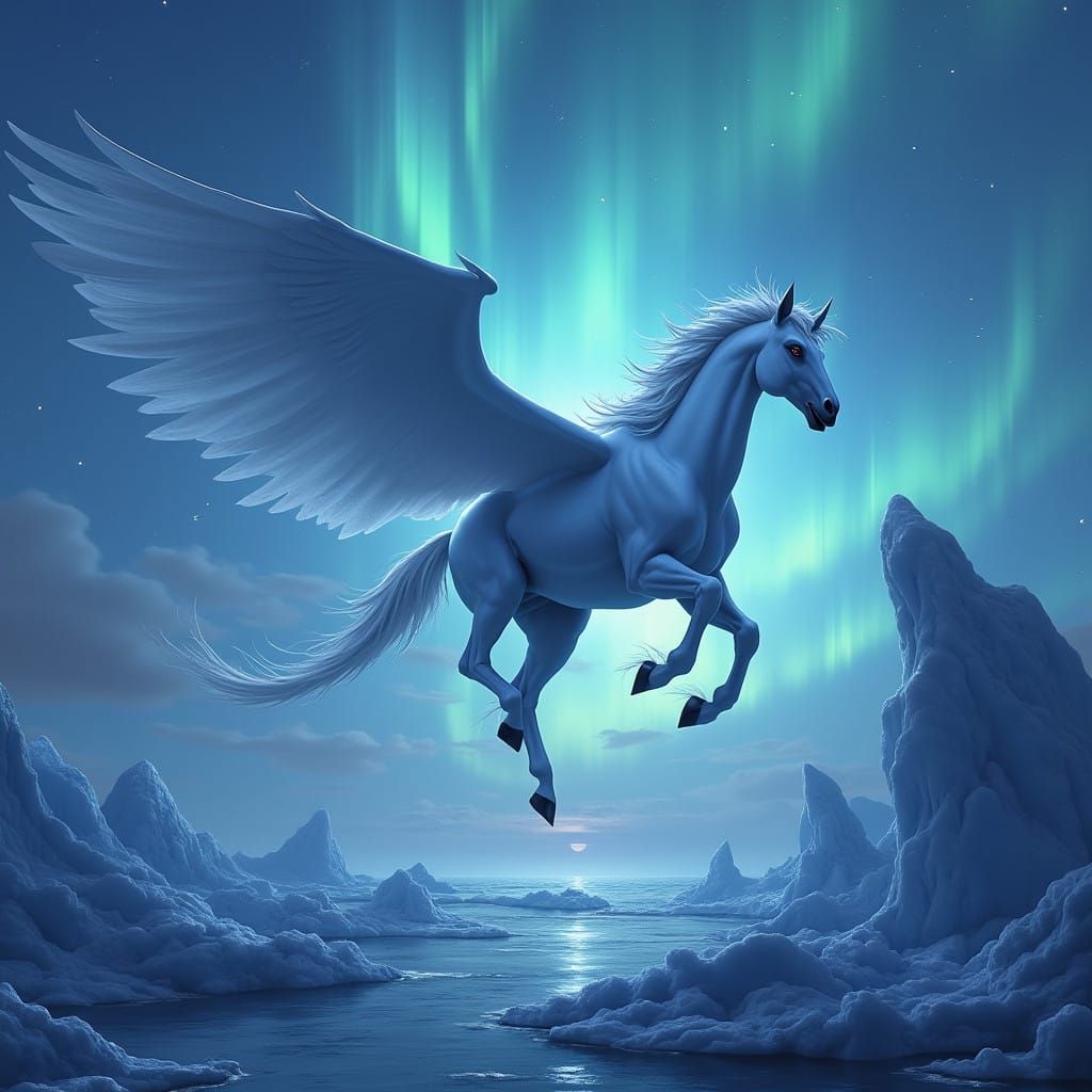 Surreal Pegasus Soars in Arctic Night Sky with Vibrant Auror...