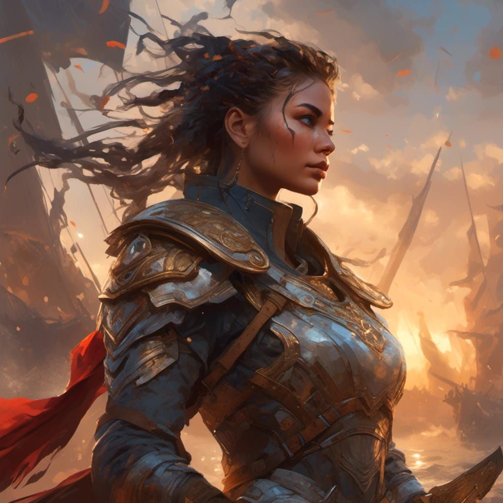 Resilient Woman Warrior Portrait in Hyperreal Style