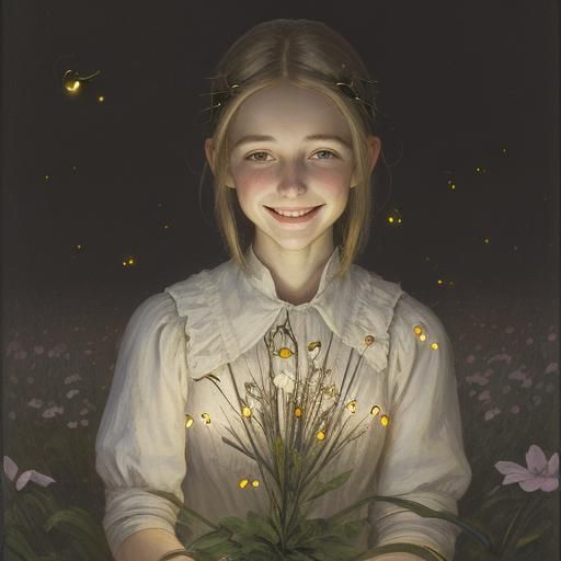 Smiling Woman with Fireflies in Classical Style
