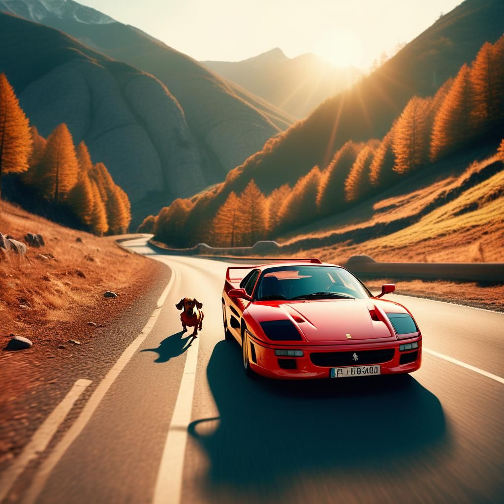 Golden Dachshund Drives a Ferrari F40