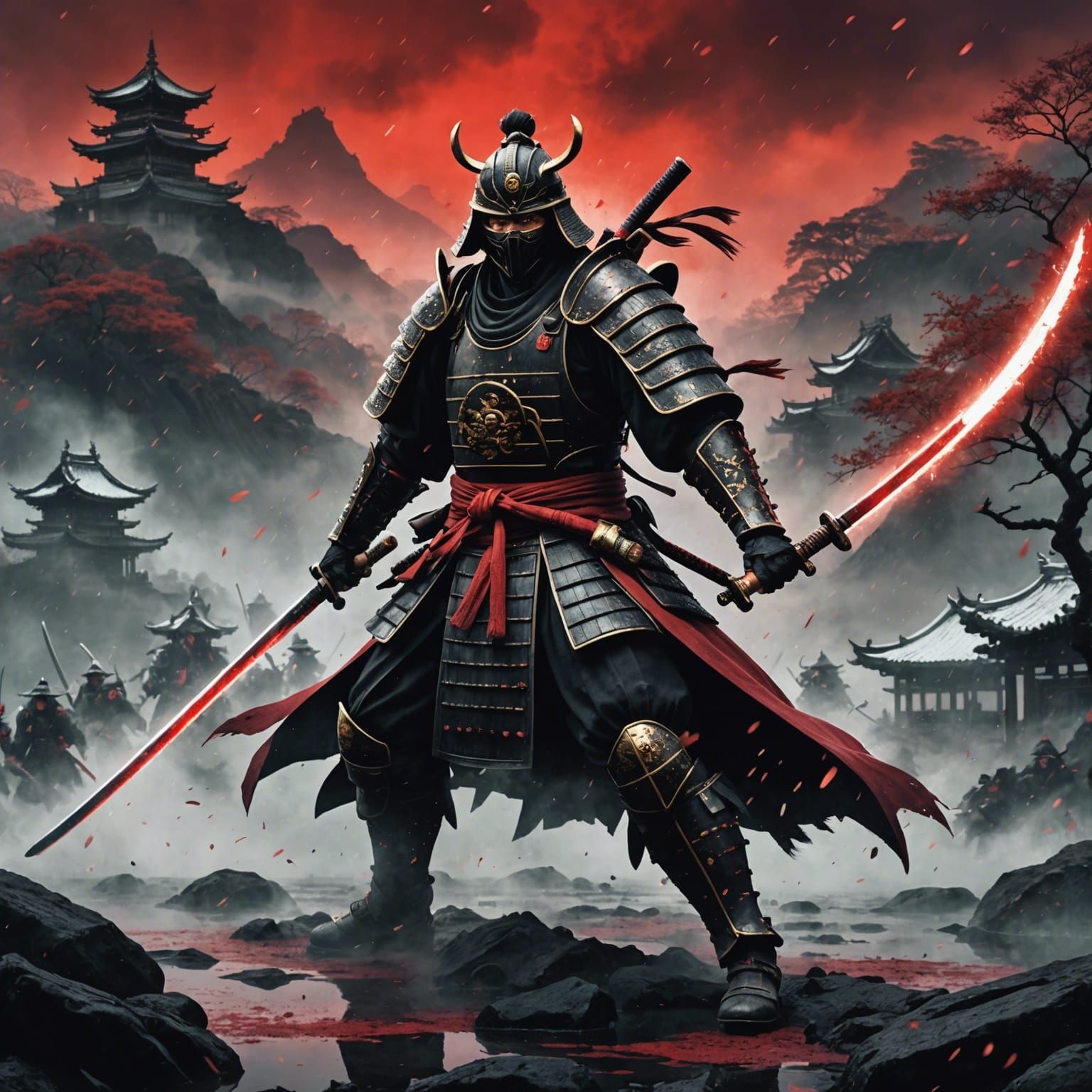 Mystical Samurai in Grim Battlefield, Digital Art