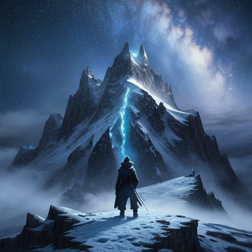 Man on Mountain Ridge Views Glowing Snowy Village Under Star...