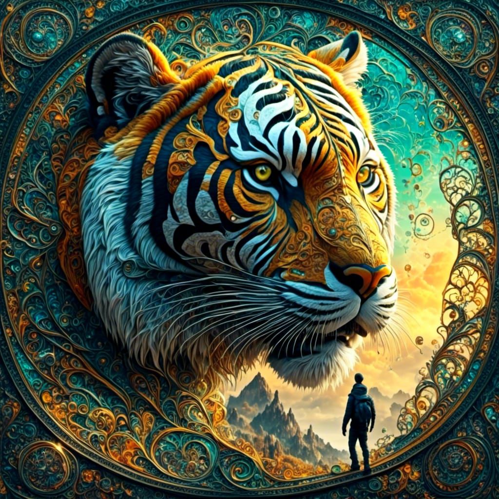 Siberian Tiger Pouncing in Mandala Stained Glass Style