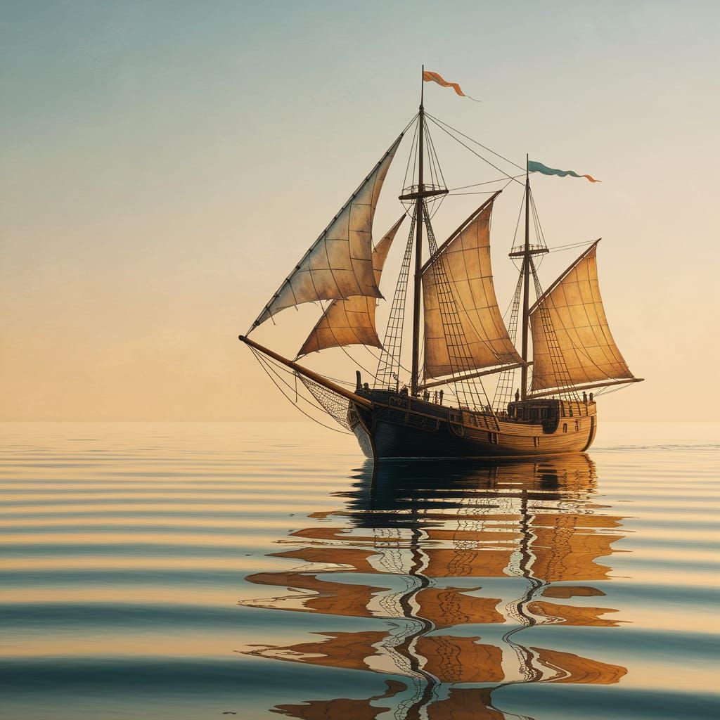 Flying Dutchman Sails on Golden Sea, Watercolor Style