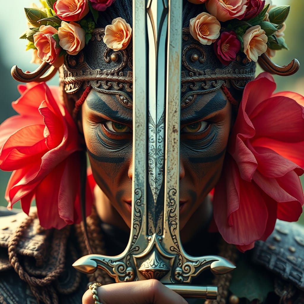 Fierce Flower Warrior with Reflective Sword: Fantasy Art