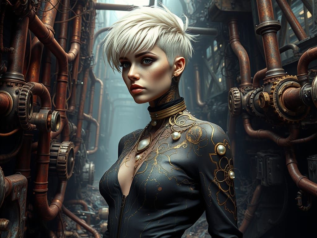 Model in Biomechanical Dystopia, Steampunk Art
