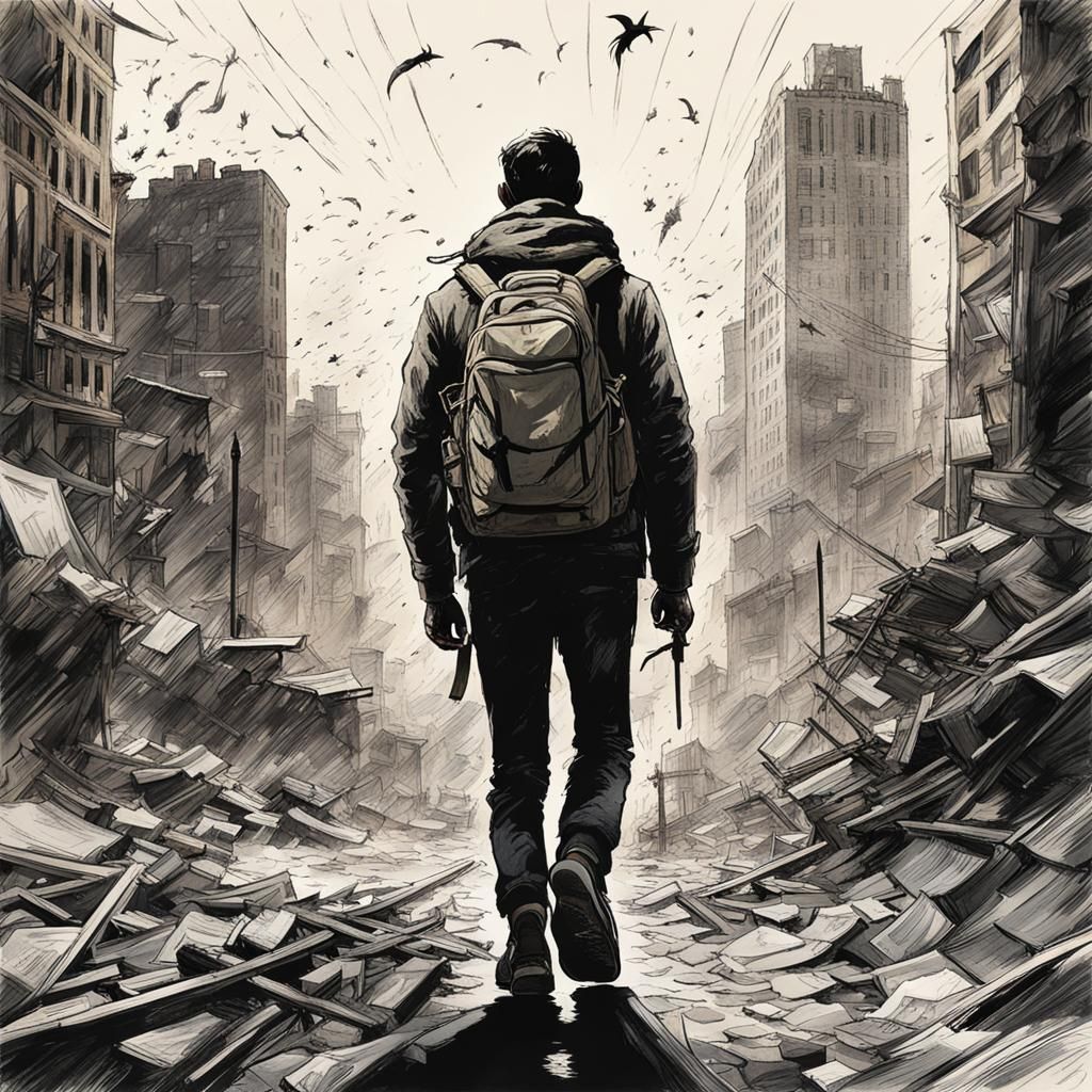 Lone Wanderer's Defiant Optimism in Urban Landscape