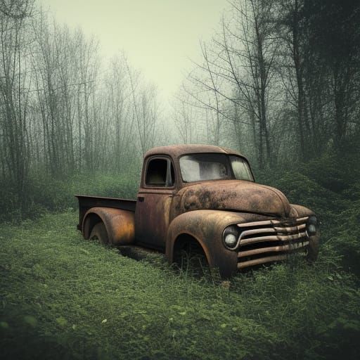 Vintage Truck in Overgrown Forest City