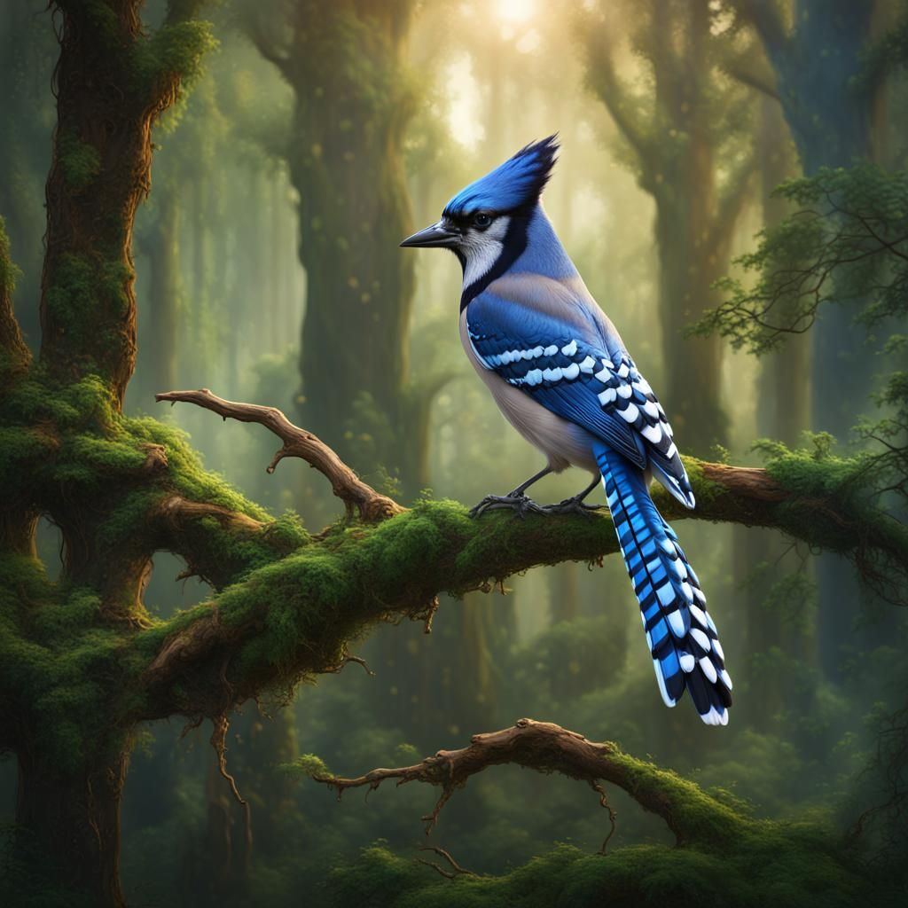 Majestic Blue Jay in Lush Forest: Matte Painting