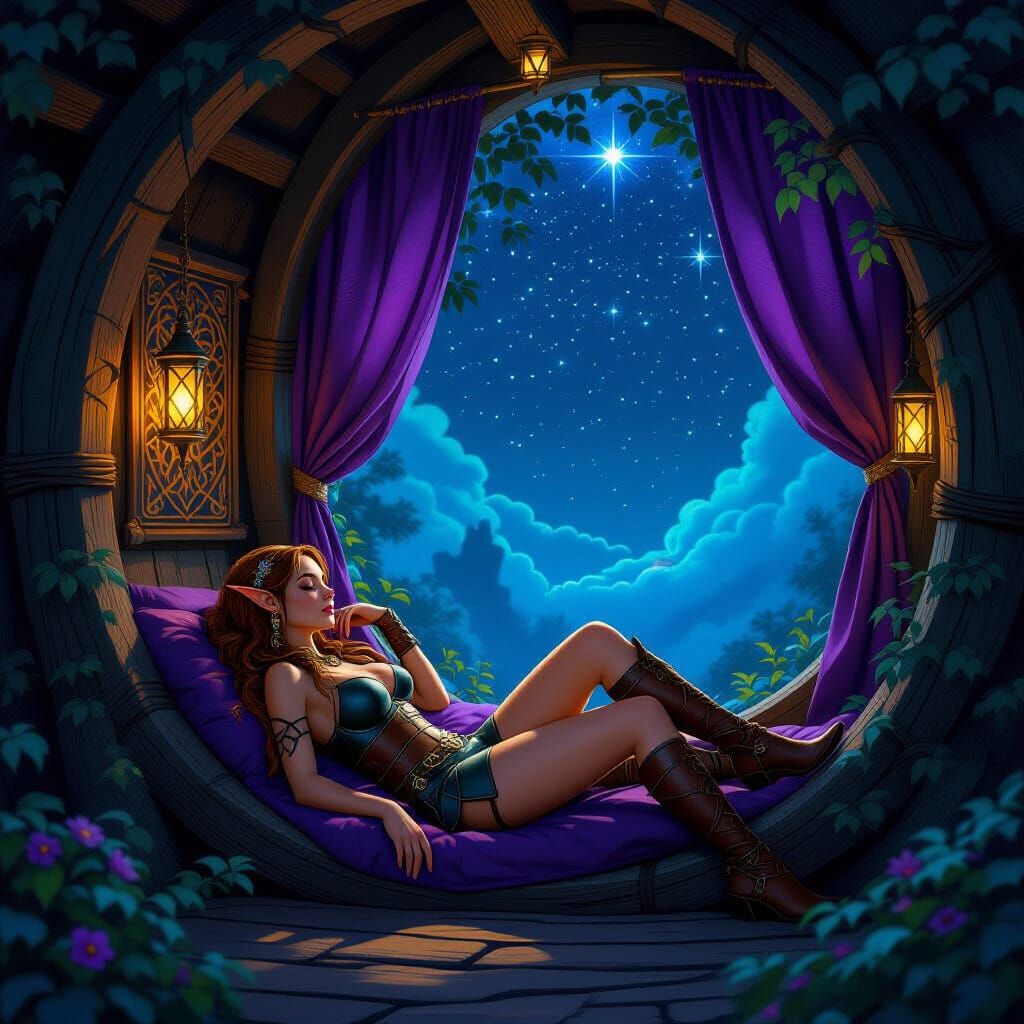 Enchanted Elf Treehouse Napping Scene in Fantasy Concept Art