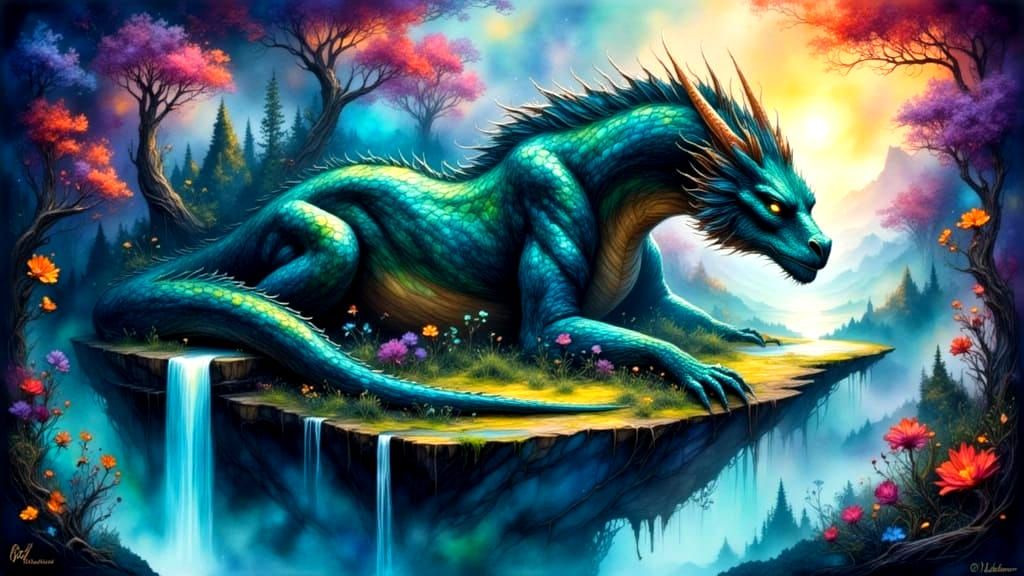 Ancient Dragon Sleeps on Mystical Floating Island