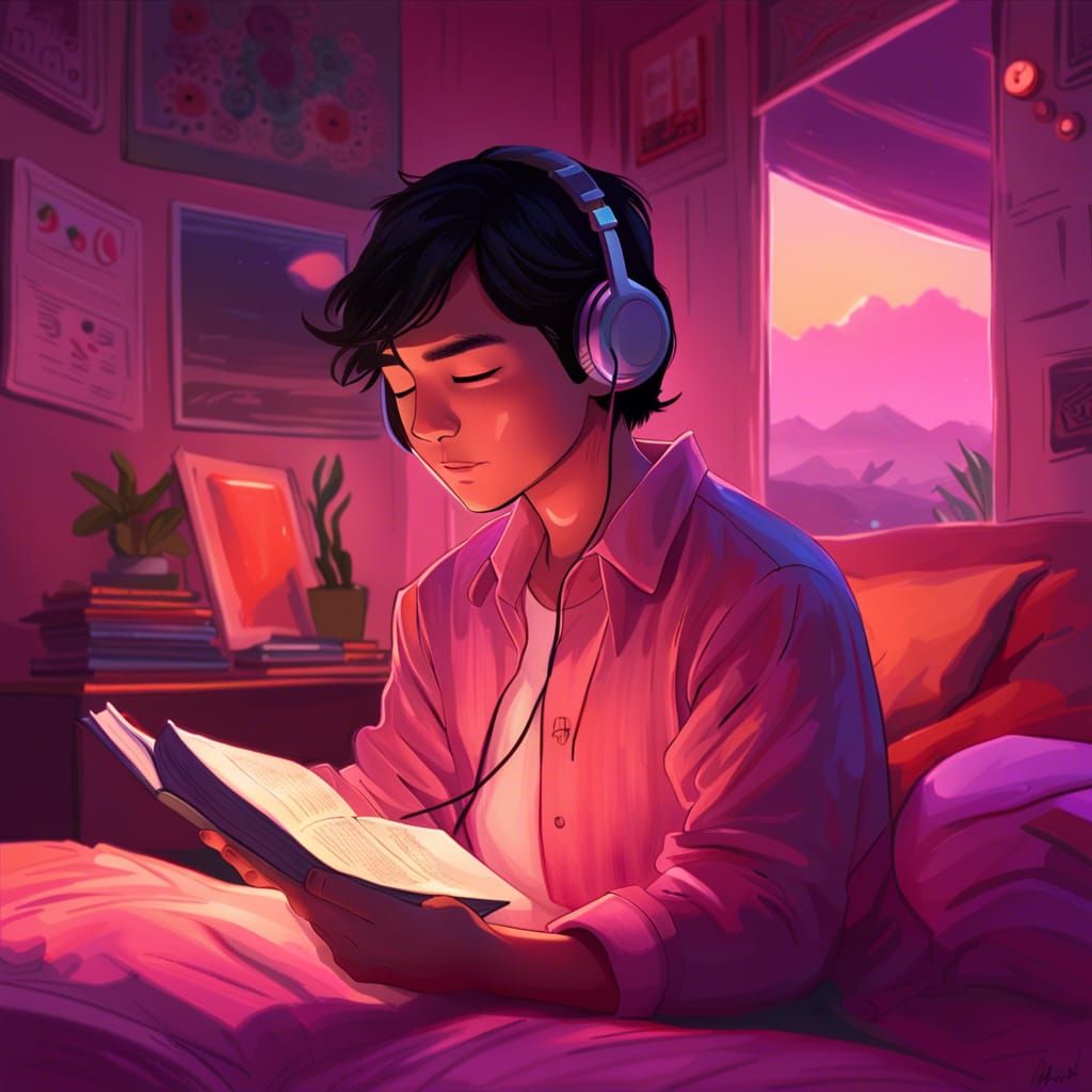 Boy Reading Book in Lofi Sunset Room
