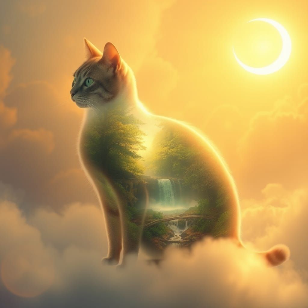 Ethereal Cat Revealing Forest Landscape, Dreamy Art