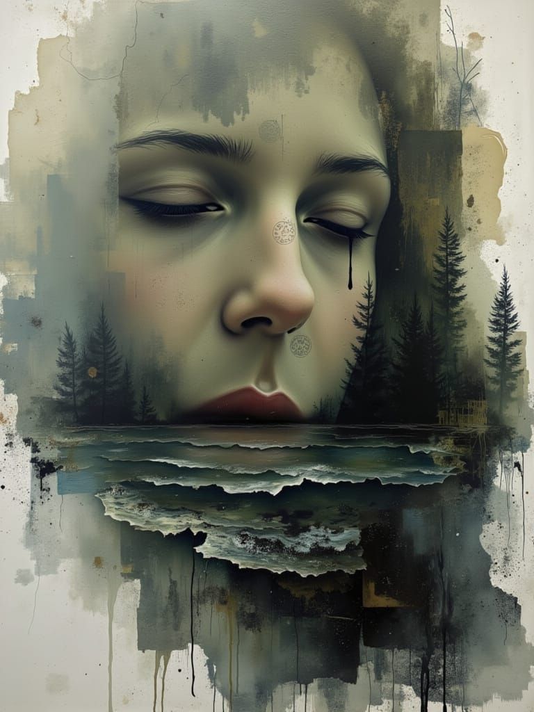 Emotive Portrait of Woman Blended with Nature