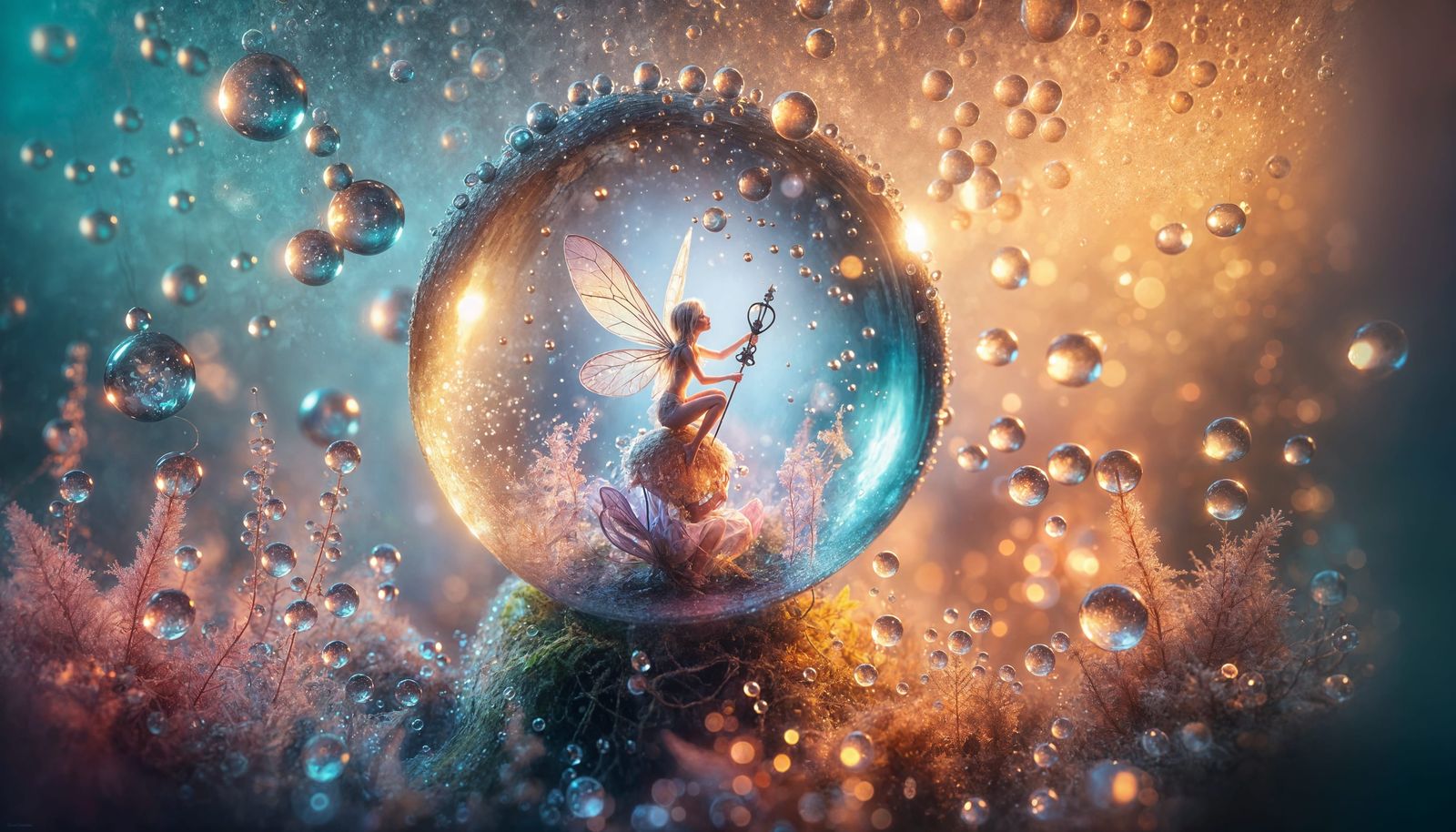 A fairy sitting inside a transparent raindrop