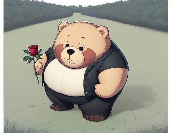 Happy Bear with Rose in Cartoon Comic Style