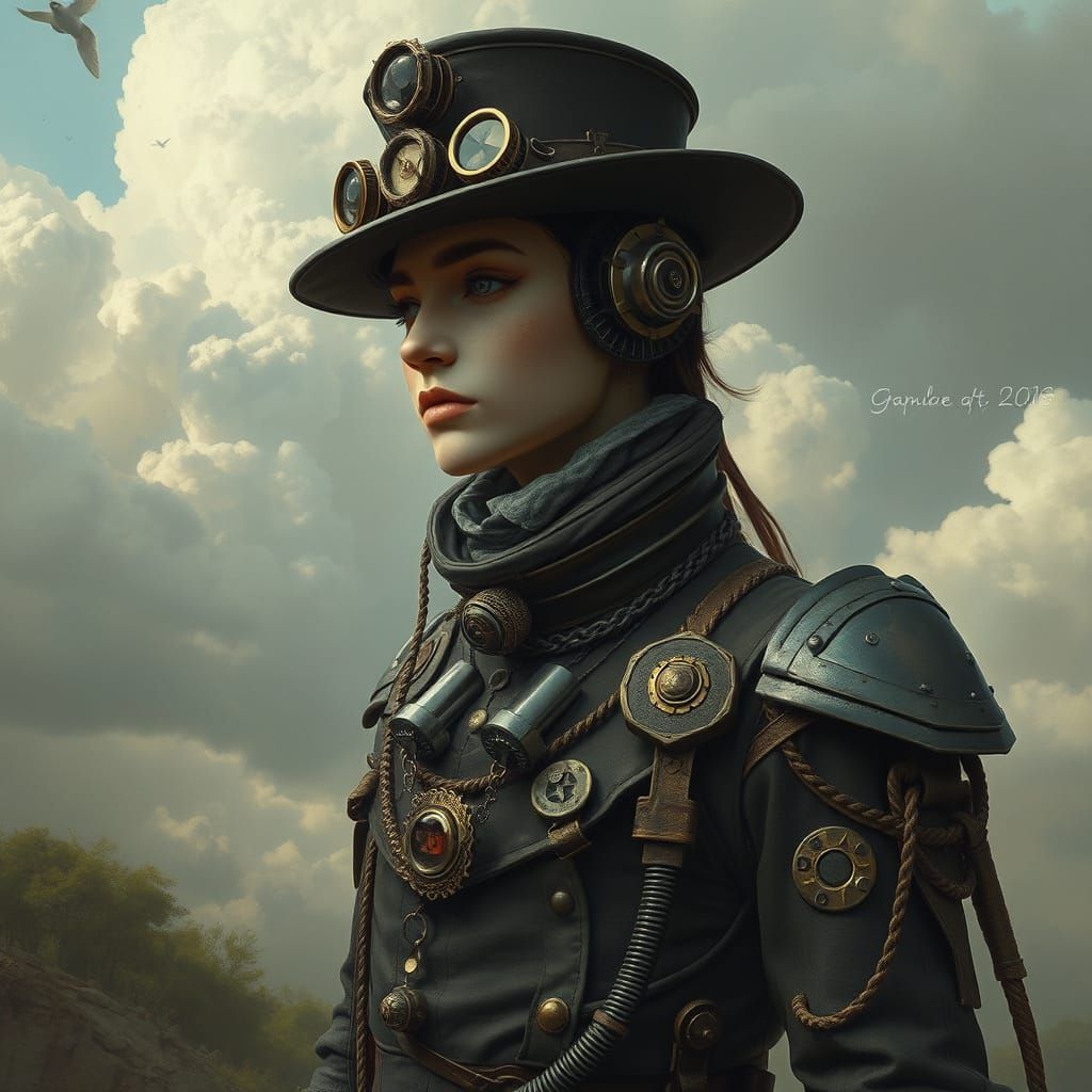 Steampunk Figure in Surreal Landscape, Detailed Textures