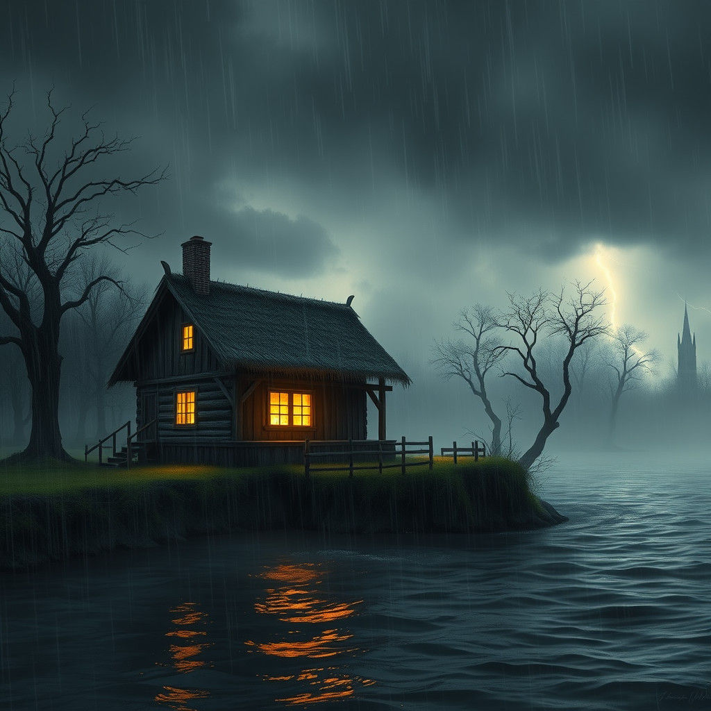 Rustic House on Riverbank in Rainy Watercolor Sketch