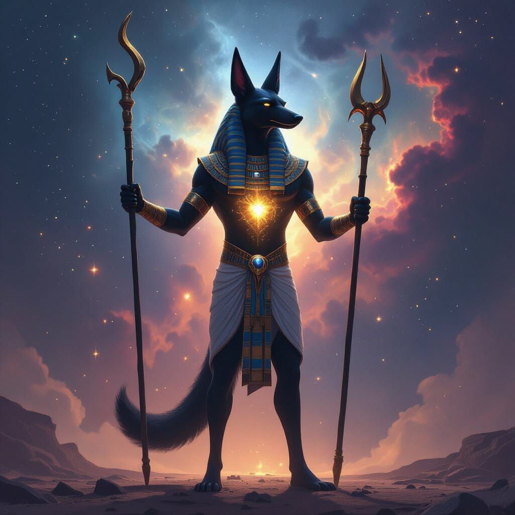 Anubis with Staff and Glowing Chest in Cosmic Nebulae