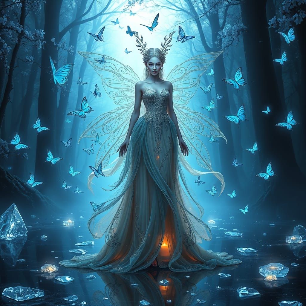 a nature spirit surrounded by bluish delicate butterflies, c...