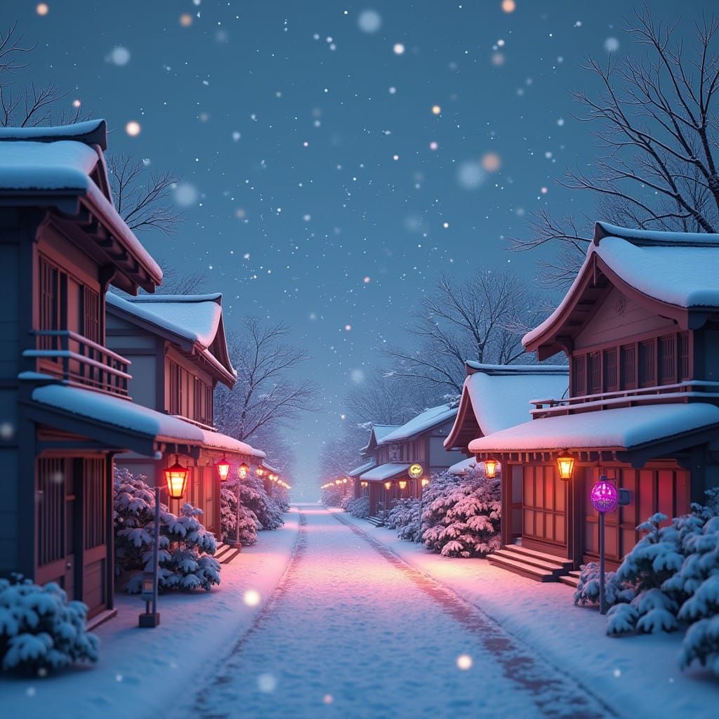 Serene Neon Winter Wonderland in Japanese Village Style