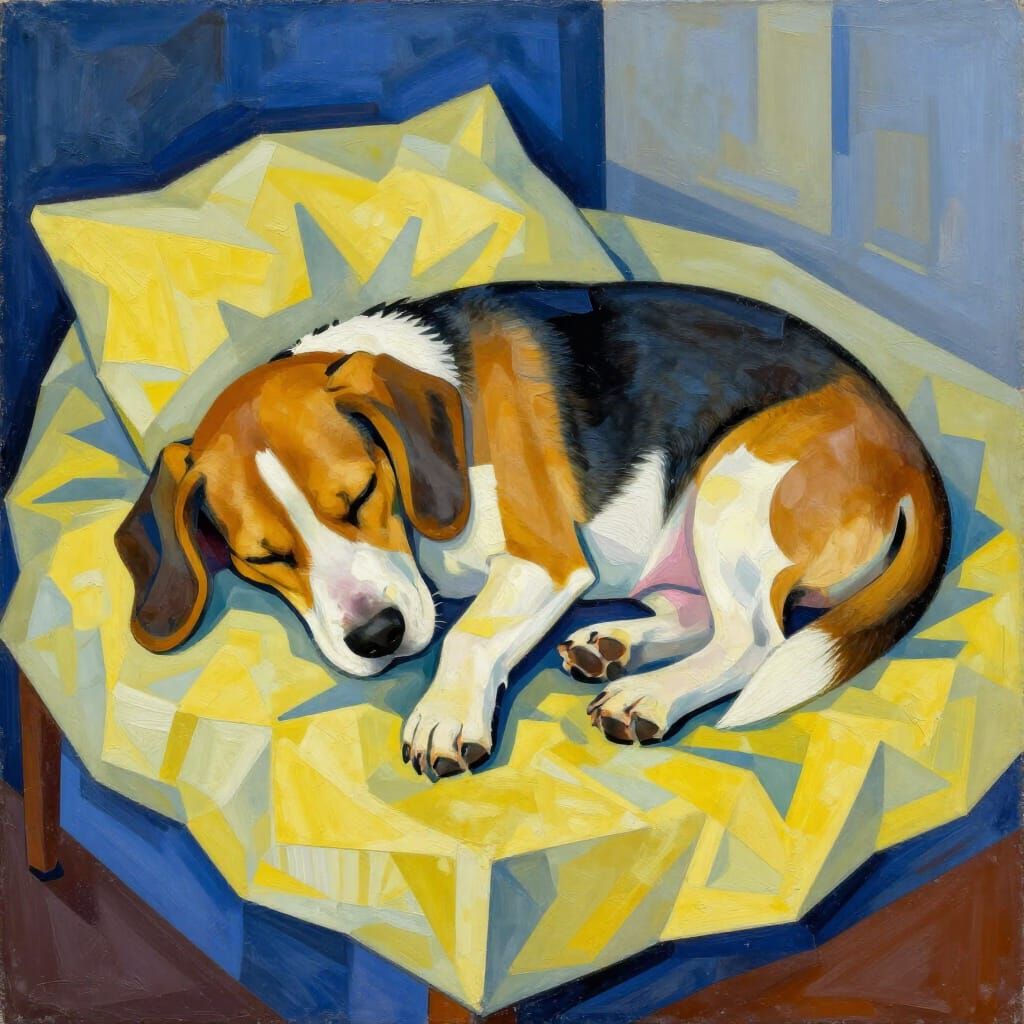 Cubist Beagle Dog Sleeping in Abstract Bed by Picasso