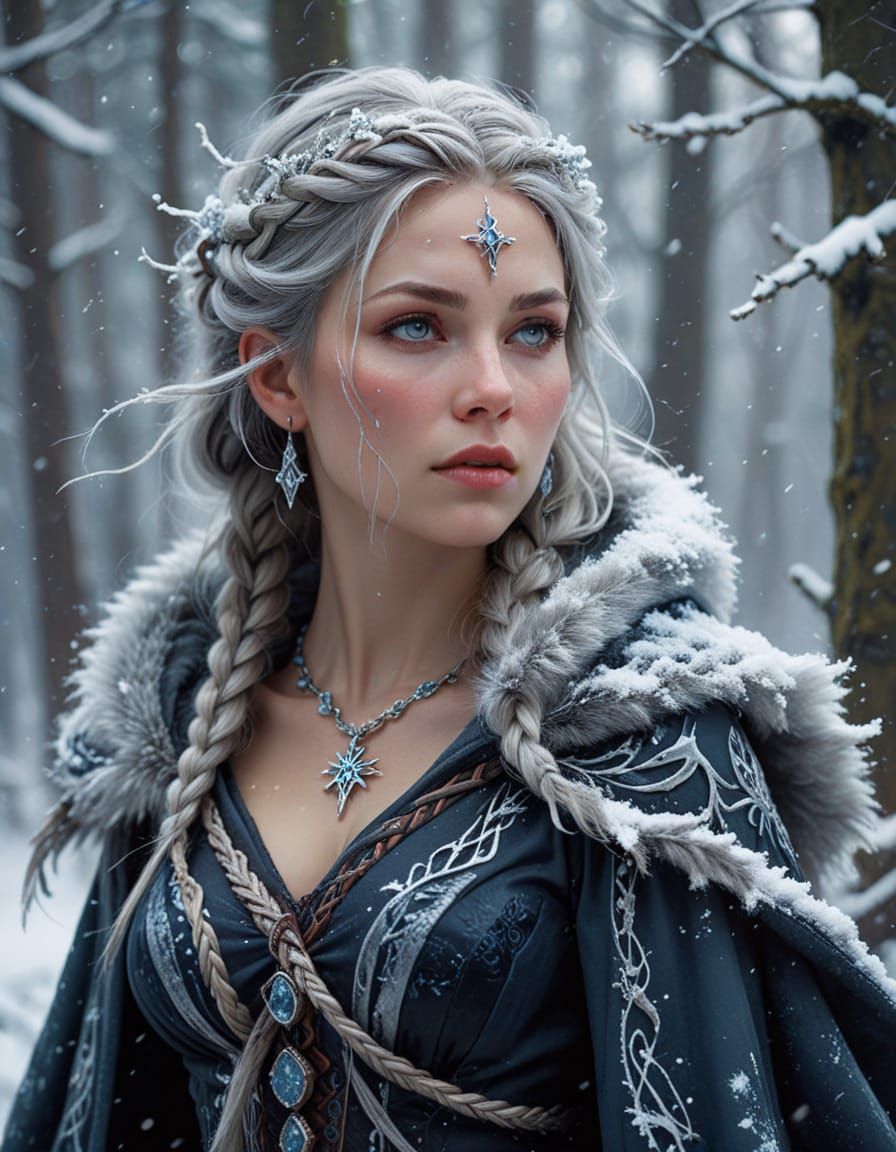 Scandinavian Wiccan Witch in Snowy Forest Oil Painting