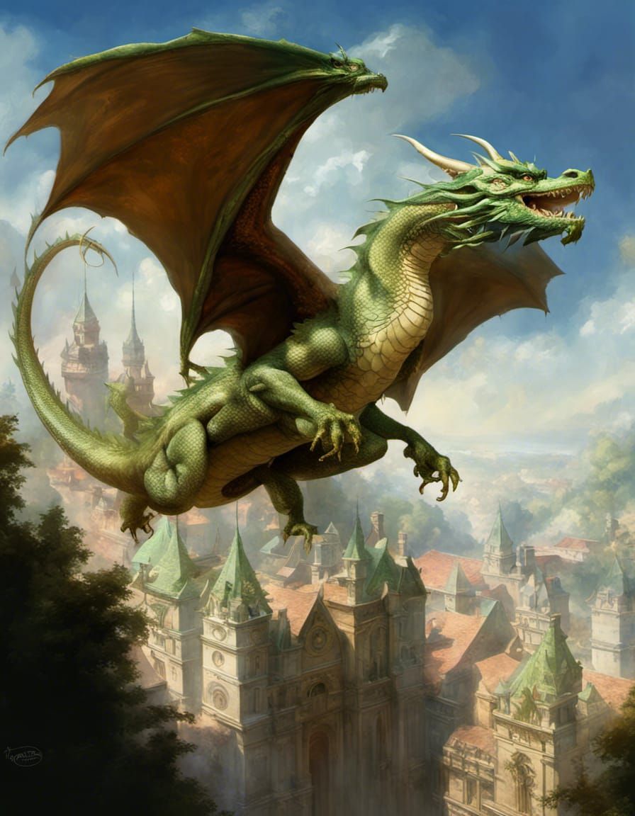 Green Dragon in Ethereal Flight: Fantasy Portrait